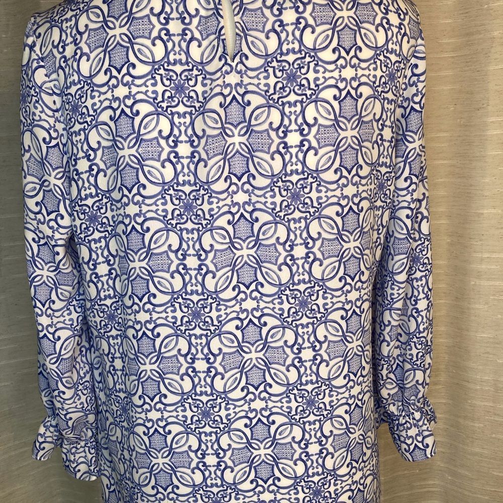 Talbots Top Blouse Blue Mosaic Print Blouse Top - Picture 2 of 9